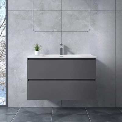 Catania || Matowa antracytowo-szara szafka łazienkowa z umywalką, 60 cm