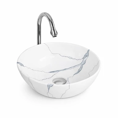 PARMA-M || umywalka nablatowa, ceramika, biały,  wzór marmurowy, okrągły