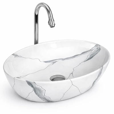MONACO-M || umywalka nablatowa, ceramika, biały, wzór marmurowy, owalny
