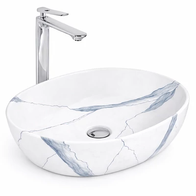 LIGNANO-M || umywalka nablatowa, ceramika, biały, wzór marmurowy, owalny
