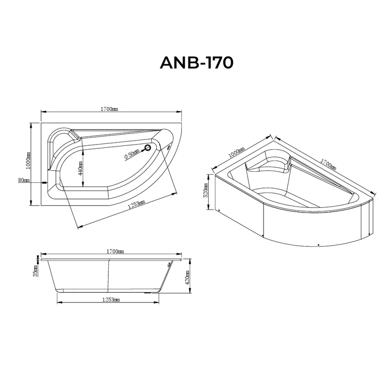 Nizza wanna asymetryczna lewa 170x100 cm