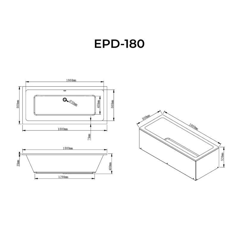 Peru wanna prostokątna 180x80 cm
