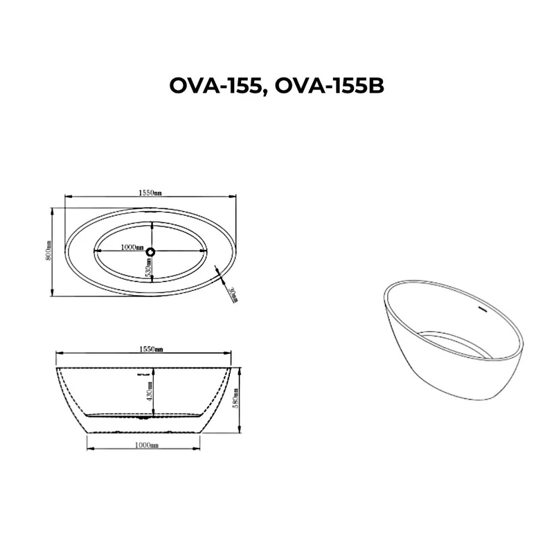 OVAL volně stojící vana, bílá 155x80x58 cm