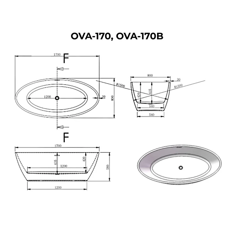 OVAL volně stojící vana, černobílá, 170x80x58 cm