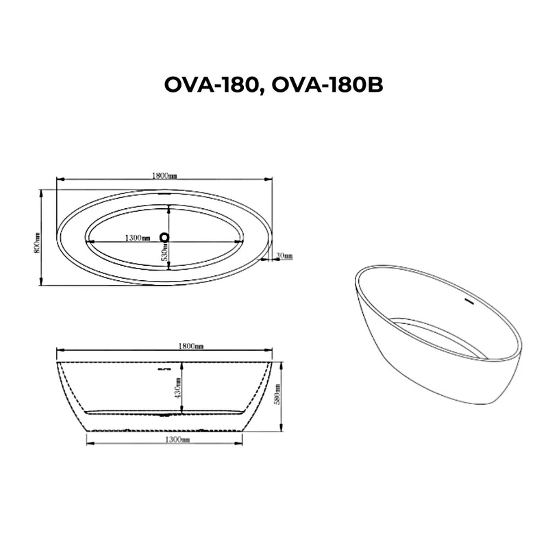 OVAL volně stojící vana, černobílá, 180x80x58 cm