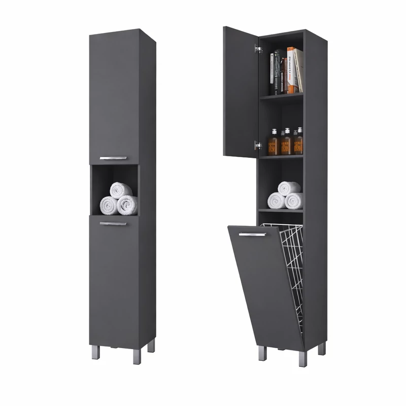 NORMANDIA 30 || Matowa antracytowo-szara szafka łazienkowa z koszem na pranie, schowkiem i półkami