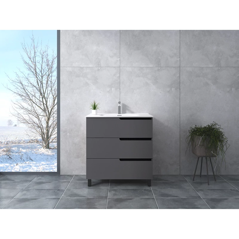 Torino || Matná antracitově šedá koupelnová skříňka s umyvadlem, 60 cm