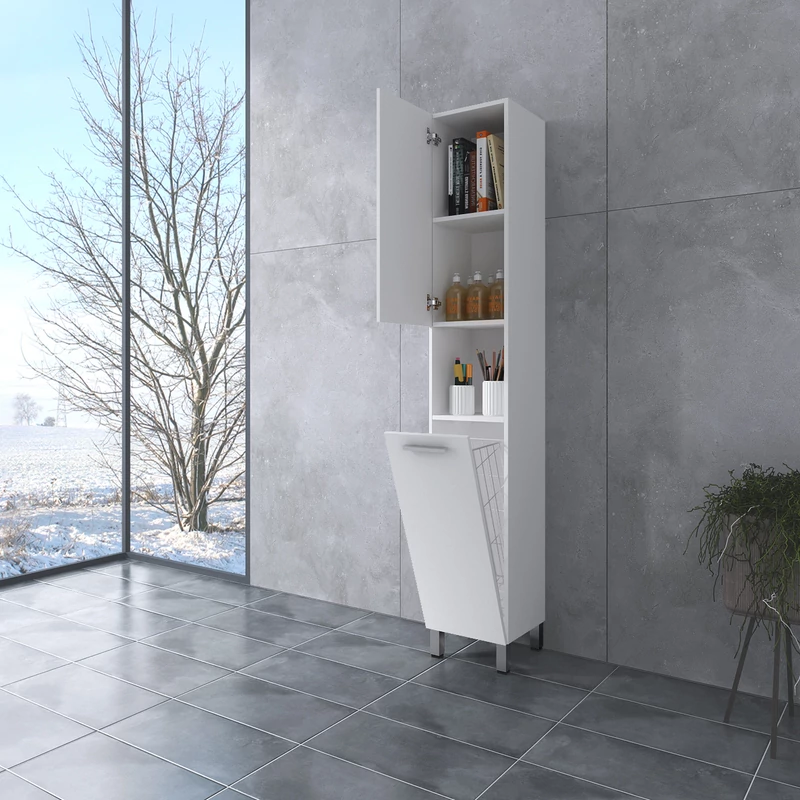 NORMANDIA 30 || Biała szafka łazienkowa z koszem na pranie, schowkiem i półkami