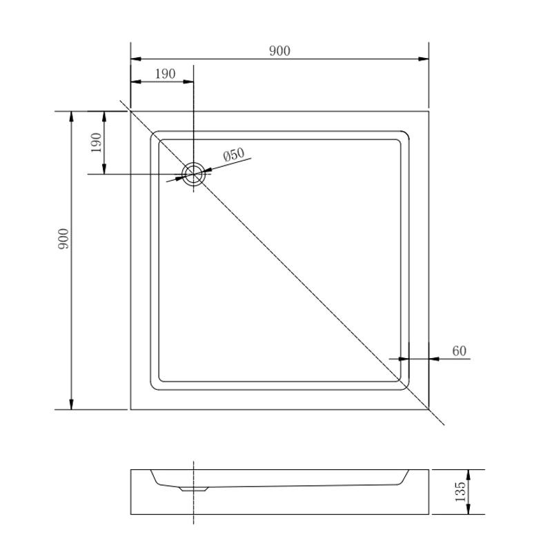 Almagro 90x90x13,5 cm Čtvercová akrylátová sprchová vanička se sifonem