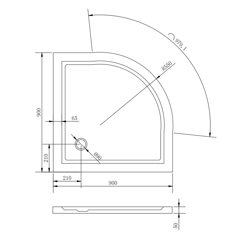 Coria 90x90x5 cm Oblouková akrylátová sprchová vanička se sifonem