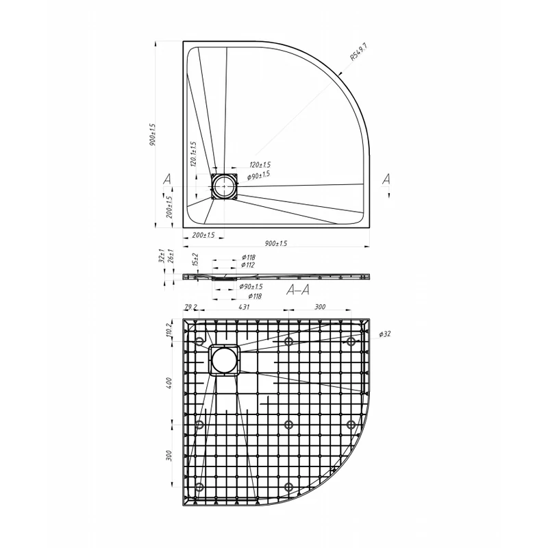 Cagliari White 90x90x2,6 cm Półokrągły brodzik SMC z syfonem