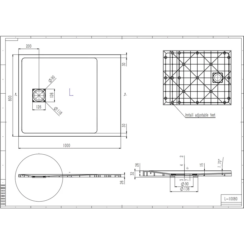 Cagliari Black 80x100x2,6 cm Kwadratowy brodzik SMC z syfonem