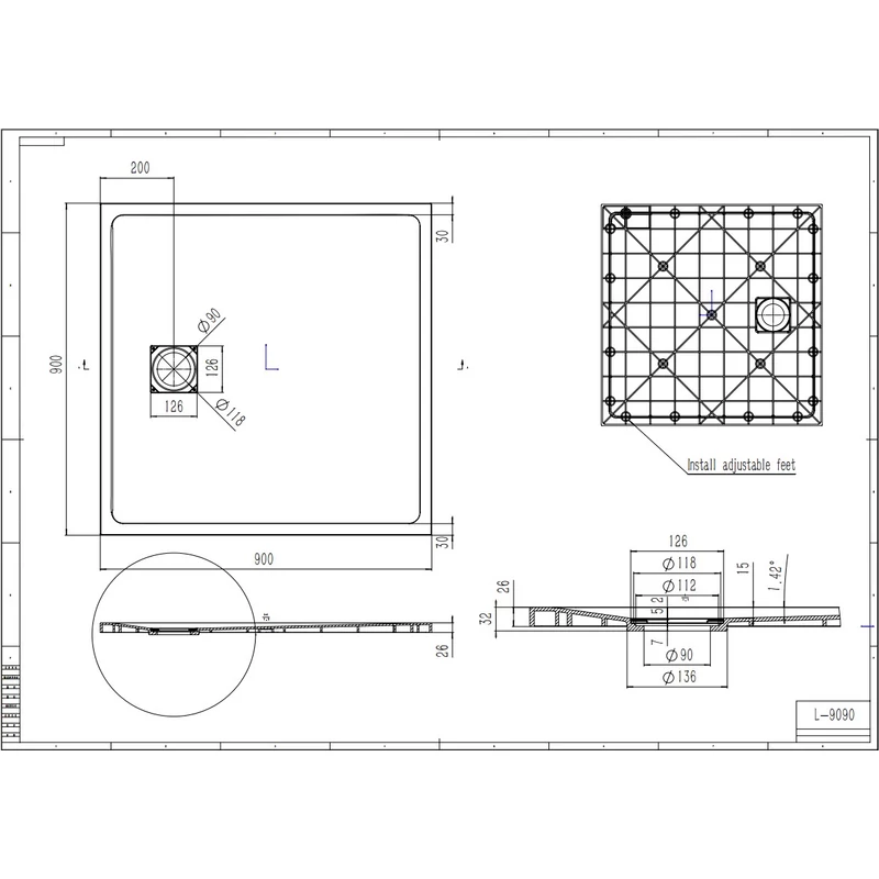 Cagliari Black 90x90x2,6 cm Kwadratowy brodzik SMC z syfonem