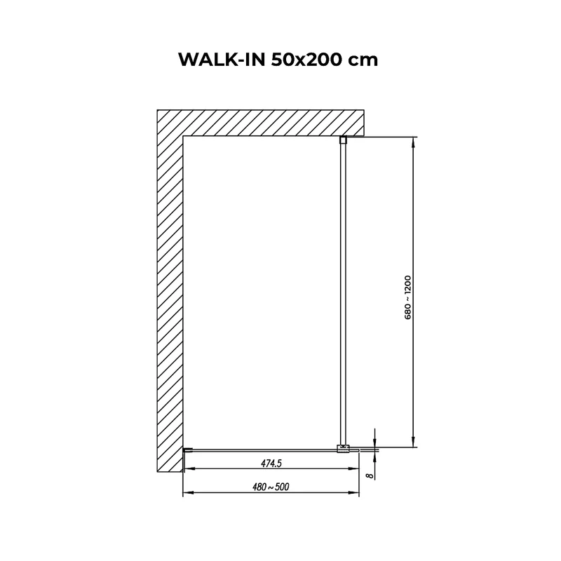 Walk-in Black ścianka prysznicowa, ze szkłem matowym, trawionym kwasem 50, 200cm, 8mm