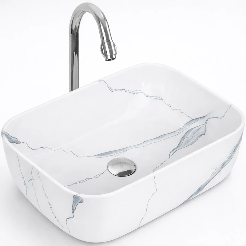 BERLIN-M || umywalka nablatowa, ceramika, biały, wzór marmurowy, prostokątny