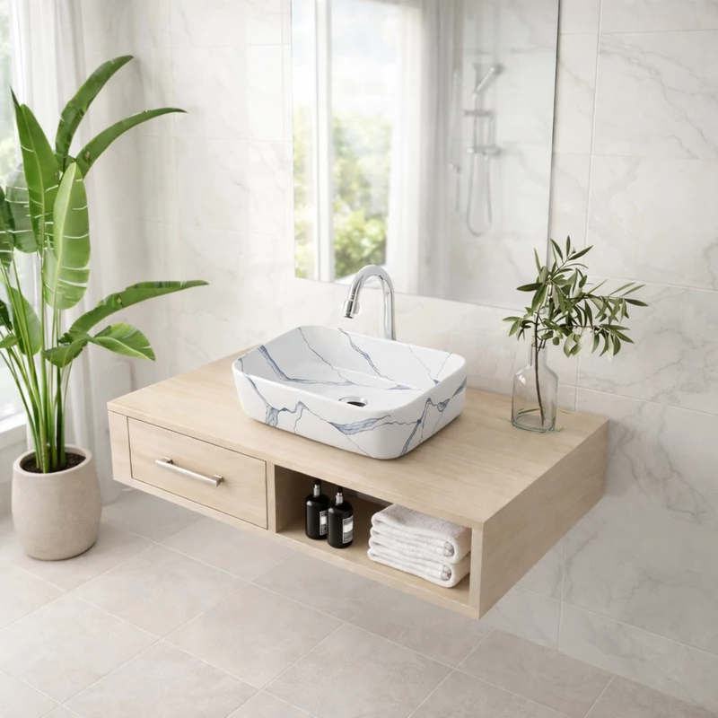 BERLIN-M || umywalka nablatowa, ceramika, biały, wzór marmurowy, prostokątny