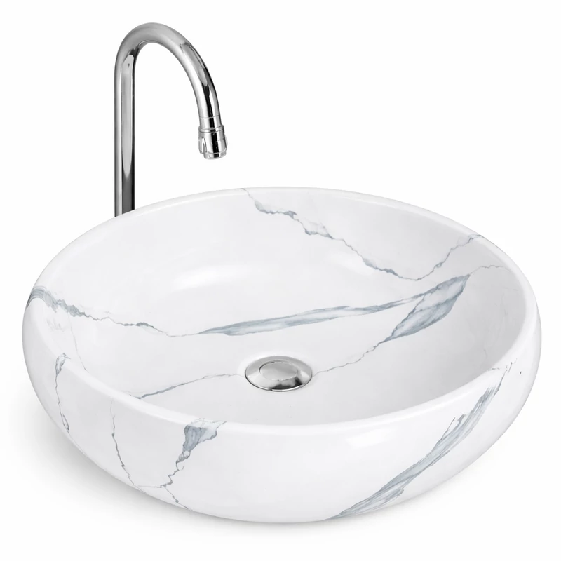 MERANO-M || umywalka nablatowa, ceramika, biały, wzór marmurowy, owalny