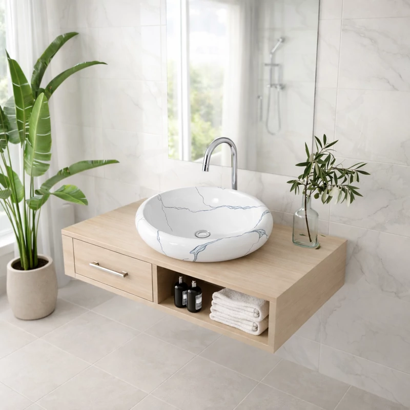 MERANO-M || umywalka nablatowa, ceramika, biały, wzór marmurowy, owalny