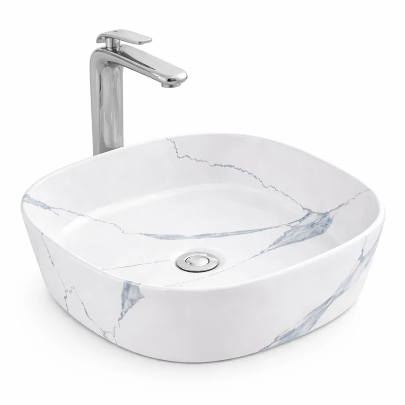 BERGAMO-M || umywalka nablatowa slim, ceramika, biały, wzór marmurowy, zaokrąglony kształt