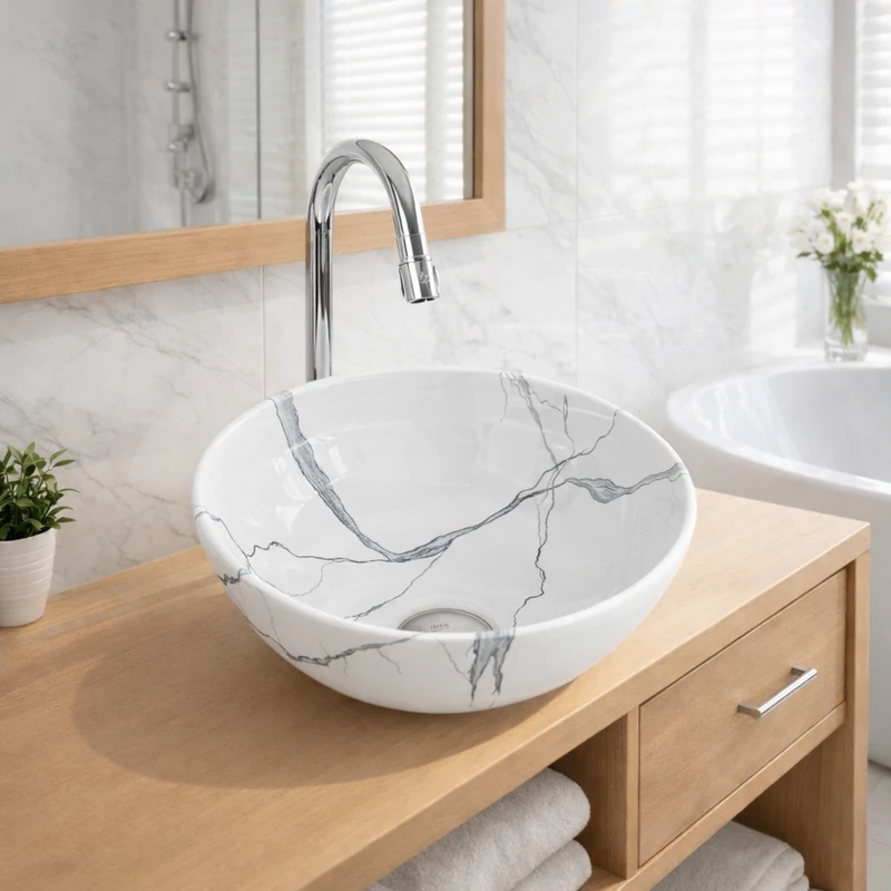 PARMA-M || umywalka nablatowa, ceramika, biały,  wzór marmurowy, okrągły