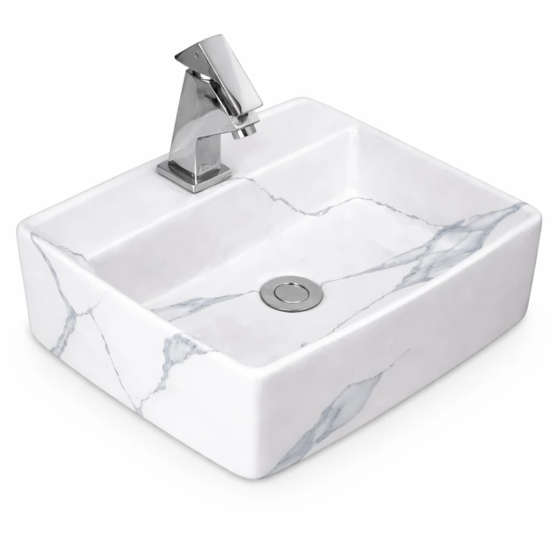 LINZ-M || umywalka nablatowa, ceramika, biały,  wzór marmurowy, kwadratowy
