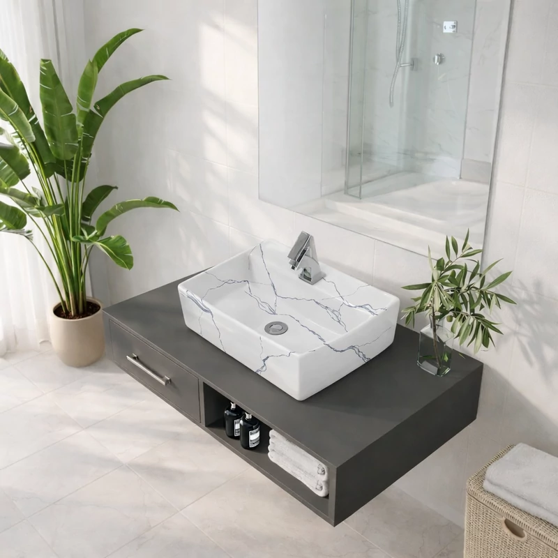 LINZ-M || umywalka nablatowa, ceramika, biały,  wzór marmurowy, kwadratowy