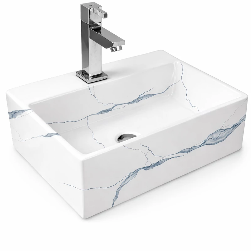 LEER-M || umywalka nablatowa, ceramika, biały, wzór marmurowy, kwadratowy