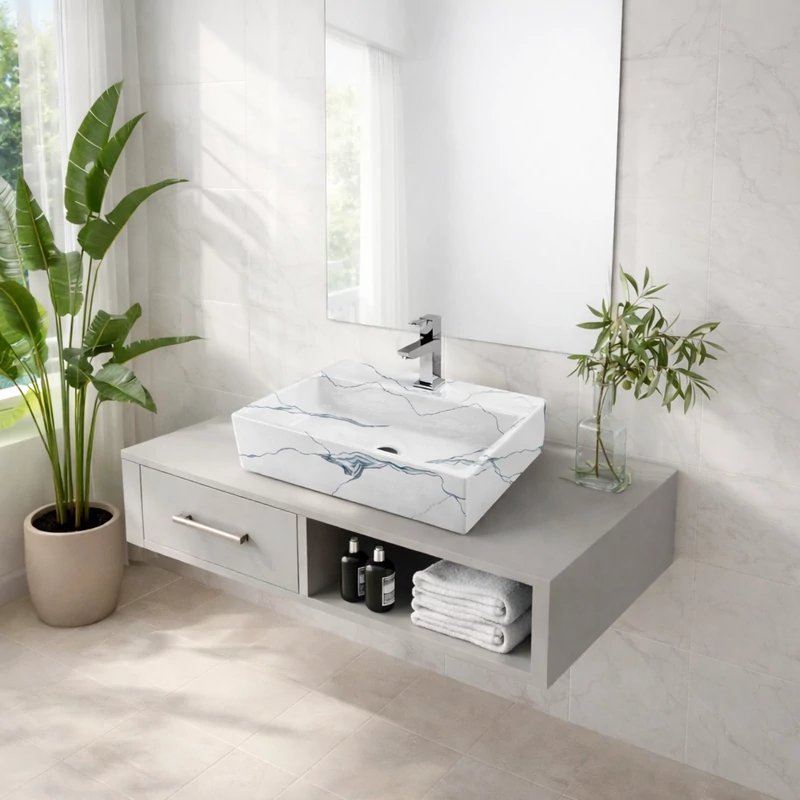 LEER-M || umywalka nablatowa, ceramika, biały, wzór marmurowy, kwadratowy