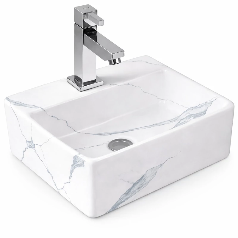 LAGE-M || umywalka nablatowa, ceramika, biały, wzór marmurowy, kwadratowy