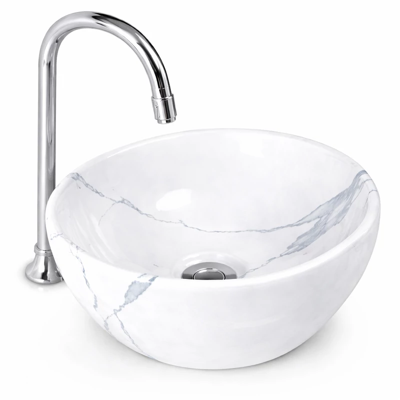 ASTI-M || głęboka umywalka nablatowa, ceramika, biały,  wzór marmurowy, okrągły