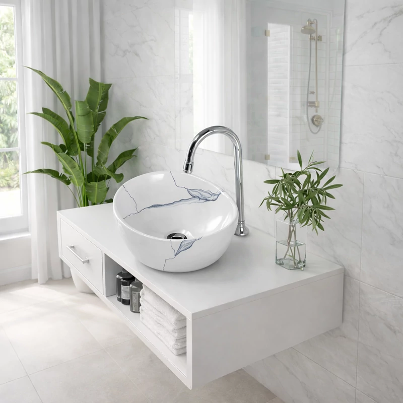 ASTI-M || głęboka umywalka nablatowa, ceramika, biały,  wzór marmurowy, okrągły