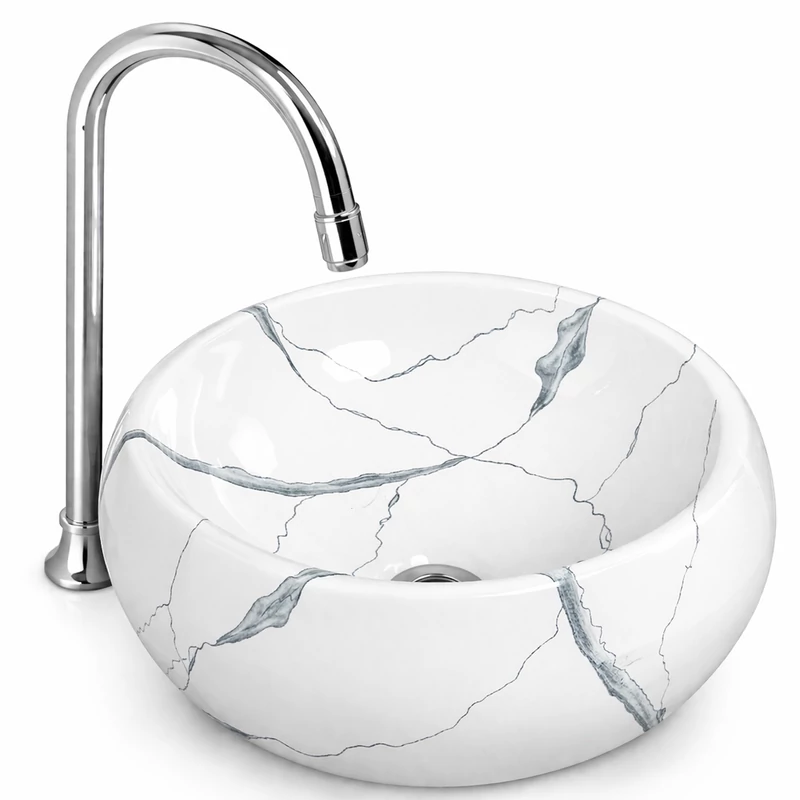 BARI-M || umywalka nablatowa, ceramika, biały, efekt marmuru, okrągła