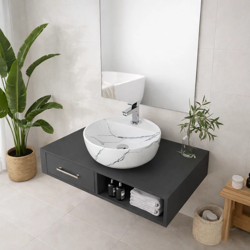 MONTERO-M 40 || umywalka nablatowa, ceramika, biały, wzór marmurowy, zaokrąglony kształt