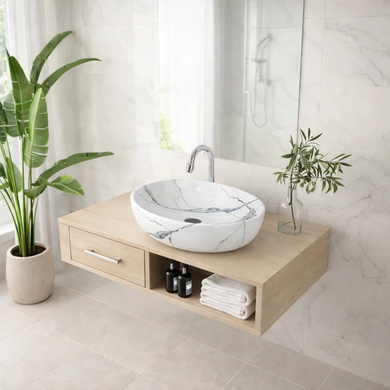 MONACO-M || umywalka nablatowa, ceramika, biały, wzór marmurowy, owalny