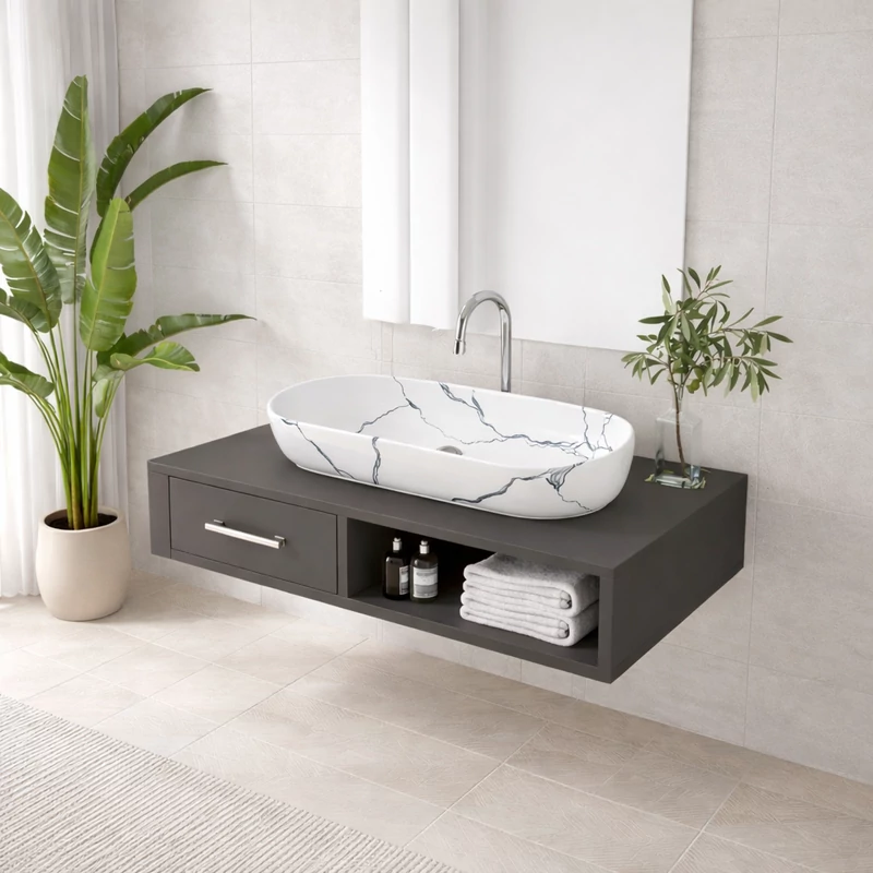 LIGNANO-M || umywalka nablatowa, ceramika, biały, wzór marmurowy, owalny