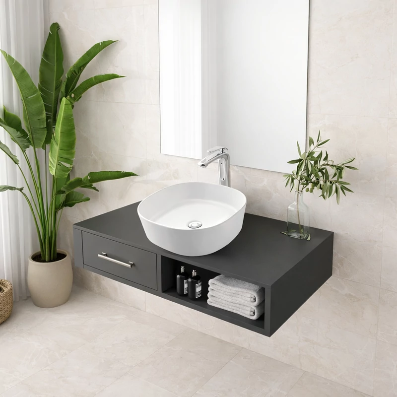 BERGAMO || umywalka nablatowa slim, ceramika, biały, zaokrąglony kształt