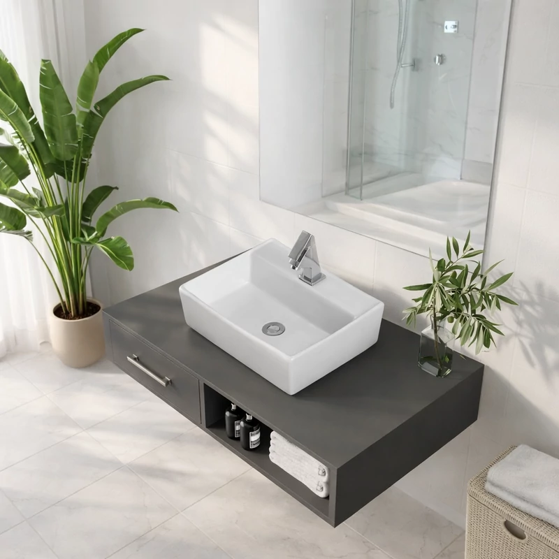 LINZ || umywalka nablatowa, ceramika, biały, kwadratowy