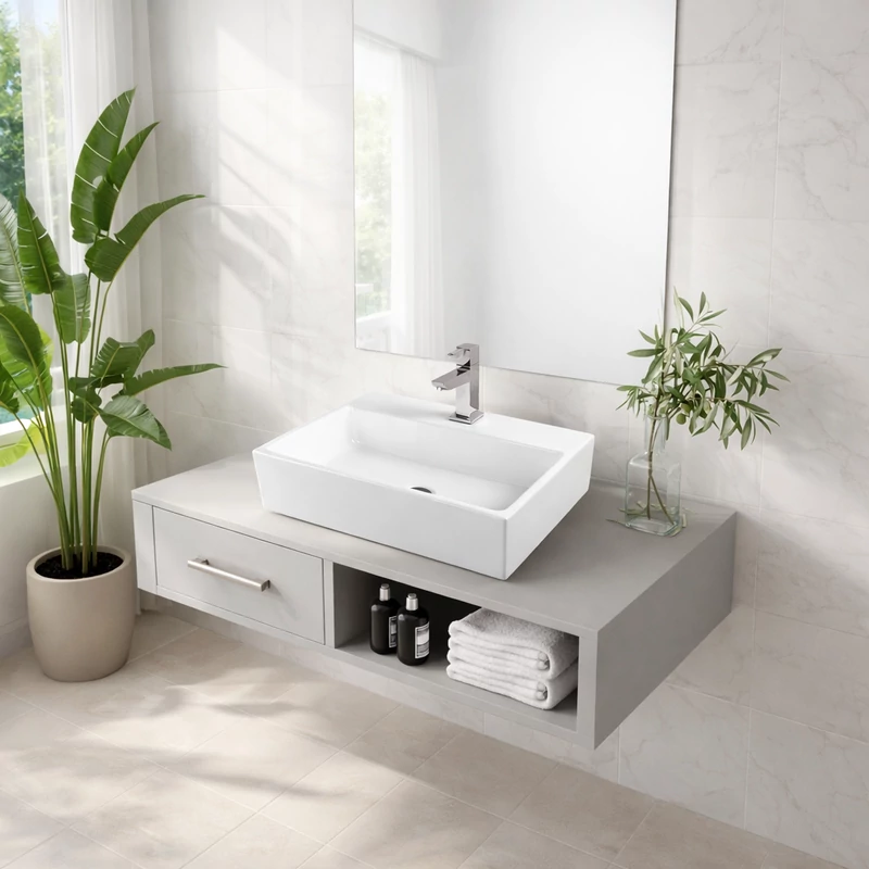 LEER || umywalka nablatowa, ceramika, biały, kwadratowy