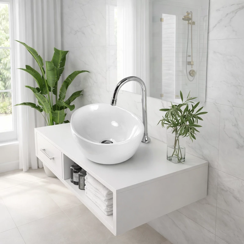 ASTI || głęboka umywalka nablatowa, ceramika, biały, okrągły