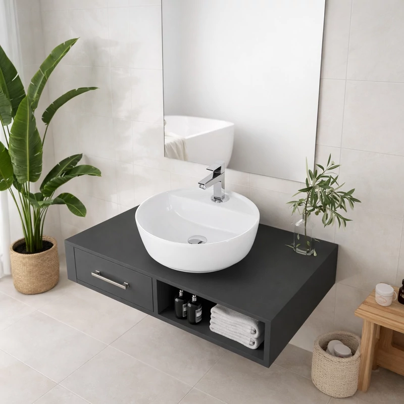 MONTERO 40 || umywalka nablatowa, ceramika, biały, zaokrąglony kształt